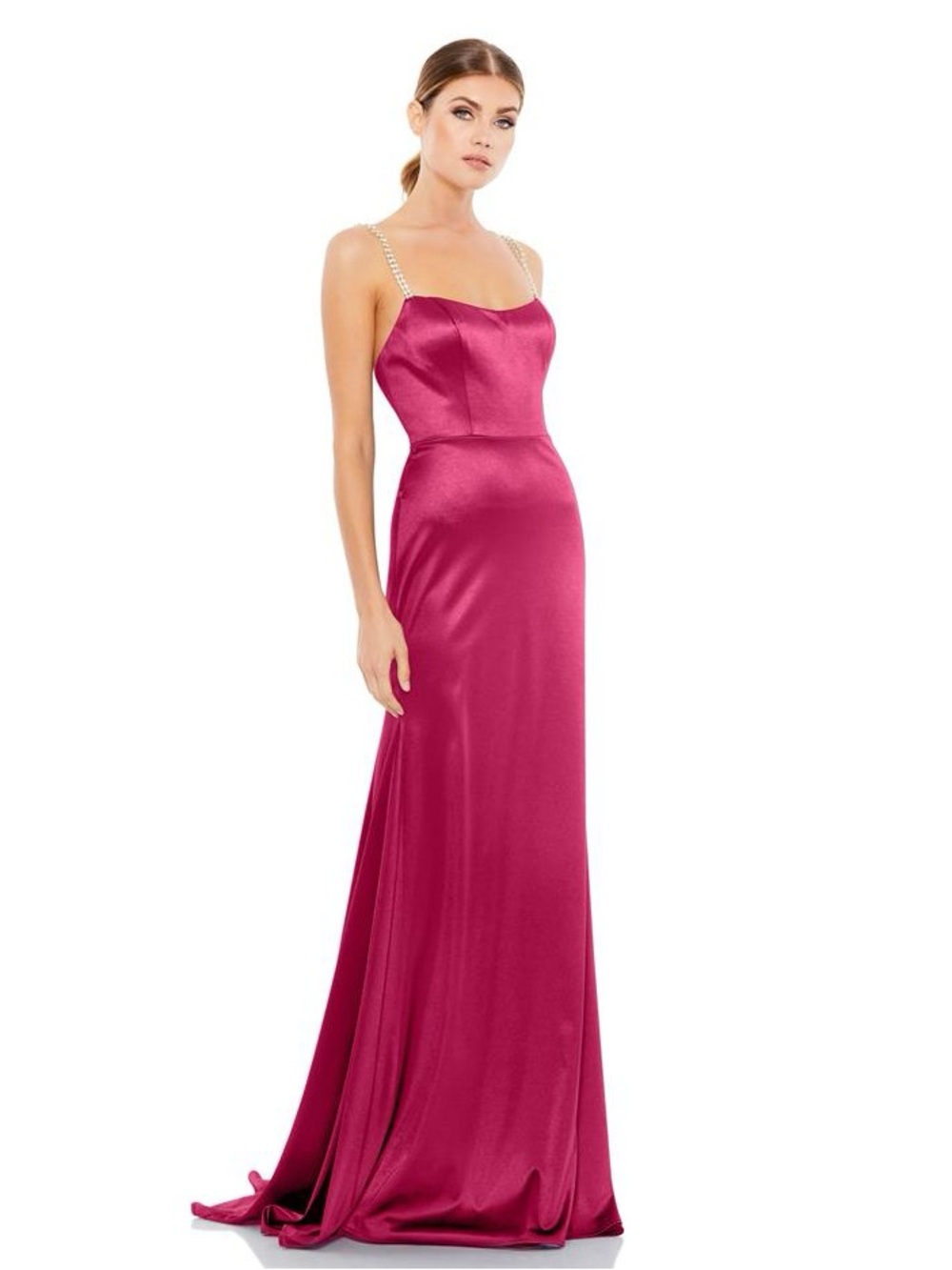 NWOT- Ieena for Mac Duggal Fuchsia Satin Evening Gown with Jeweled Straps